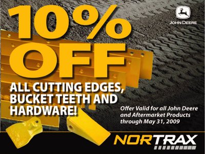 10% off cutting edges, bucket teeth, hardware